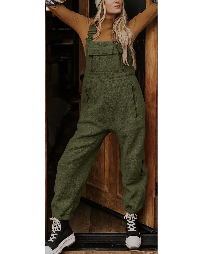 utcoco Womens Fuzzy Fleece Overall Jumpsuits Casual Loose Fit Winter Sherpa Bib Overalls with Pockets (Medium, Army Green) - Image 2