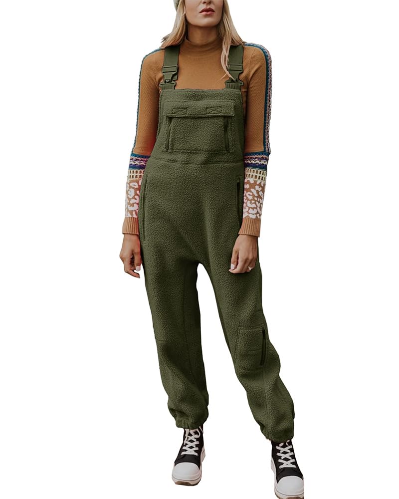 utcoco Womens Fuzzy Fleece Overall Jumpsuits Casual Loose Fit Winter Sherpa Bib Overalls with Pockets (Medium, Army Green) - Image 1