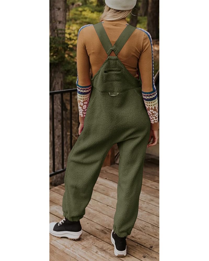 utcoco Womens Fuzzy Fleece Overall Jumpsuits Casual Loose Fit Winter Sherpa Bib Overalls with Pockets (Medium, Army Green) - Image 4