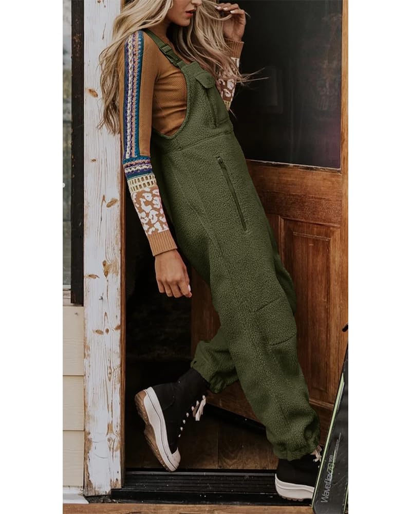 utcoco Womens Fuzzy Fleece Overall Jumpsuits Casual Loose Fit Winter Sherpa Bib Overalls with Pockets (Medium, Army Green) - Image 3