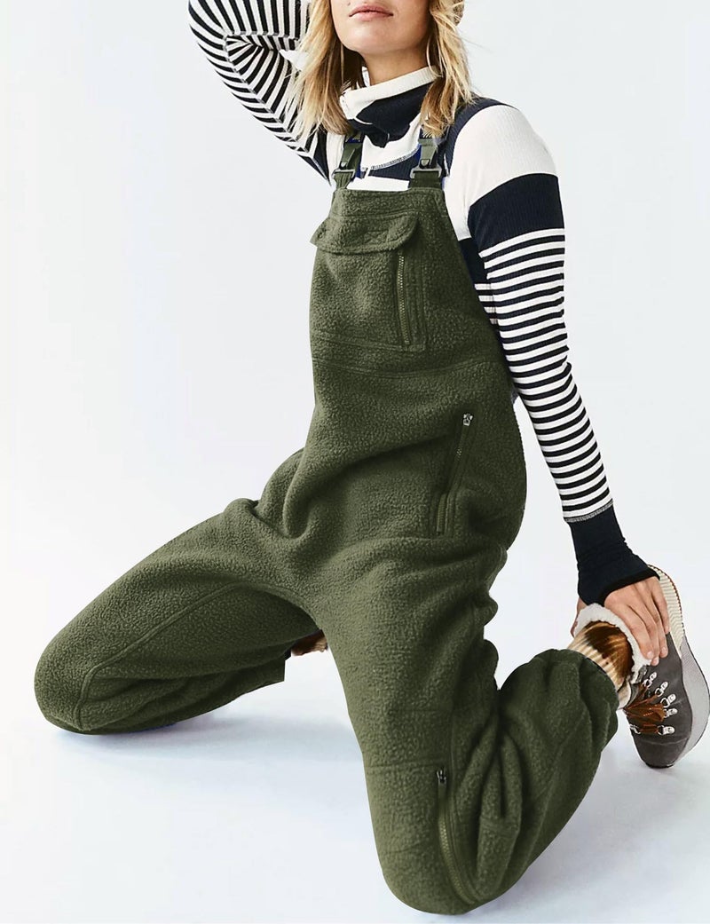 utcoco Womens Fuzzy Fleece Overall Jumpsuits Casual Loose Fit Winter Sherpa Bib Overalls with Pockets (Medium, Army Green) - Image 5