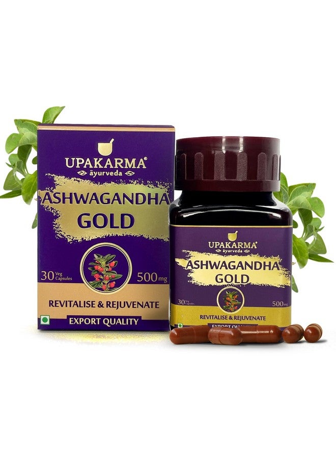 Upakarma Ashwagandha Gold 30 Capsules | Contains Gold | Ashwagandha Root Extract, Brahmi, Shigru and Other Action Herbs | Helps in Stress & Sleep Management - Image 1