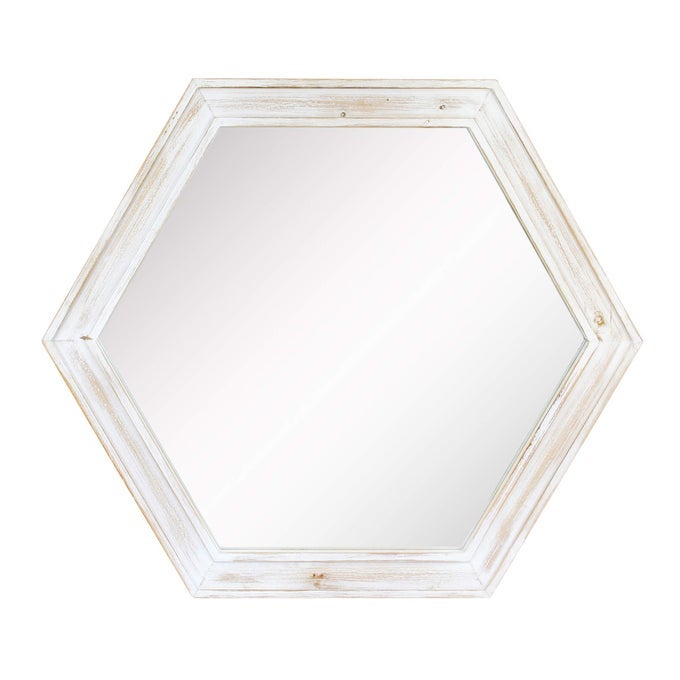 DECORATIVE 24 HEXAGON WALL MIRROR WITH WORN WHITE WOOD FRAME AND ATTACHED HANGING BRACKET DECORATIVE COUNTRY RUSTIC DECOR FOR THE LIVING ROOM BEDROOM BATHROOM HALLWAY AND ENTRYWAY