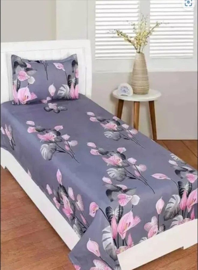 Floral Printed Bedsheets with onePillow Cover, Grey and Pink - Image 1