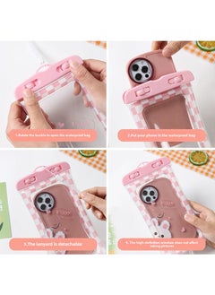 Cute Cartoon Waterproof Phone Pouch Inflatable Float Bag Pink cake rabbit (send transparent lanyard)