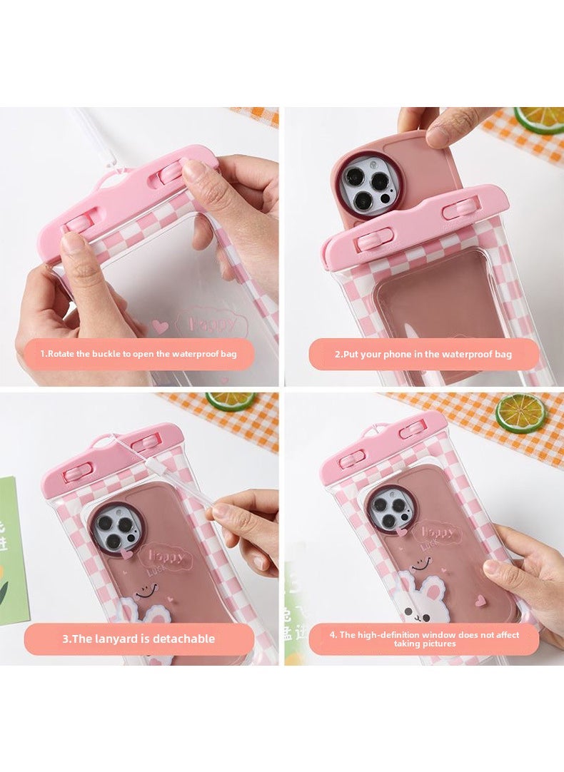Arabest - Cute Cartoon Waterproof Phone Pouch Inflatable Float Bag Pink cake rabbit (send transparent lanyard) - Image 1