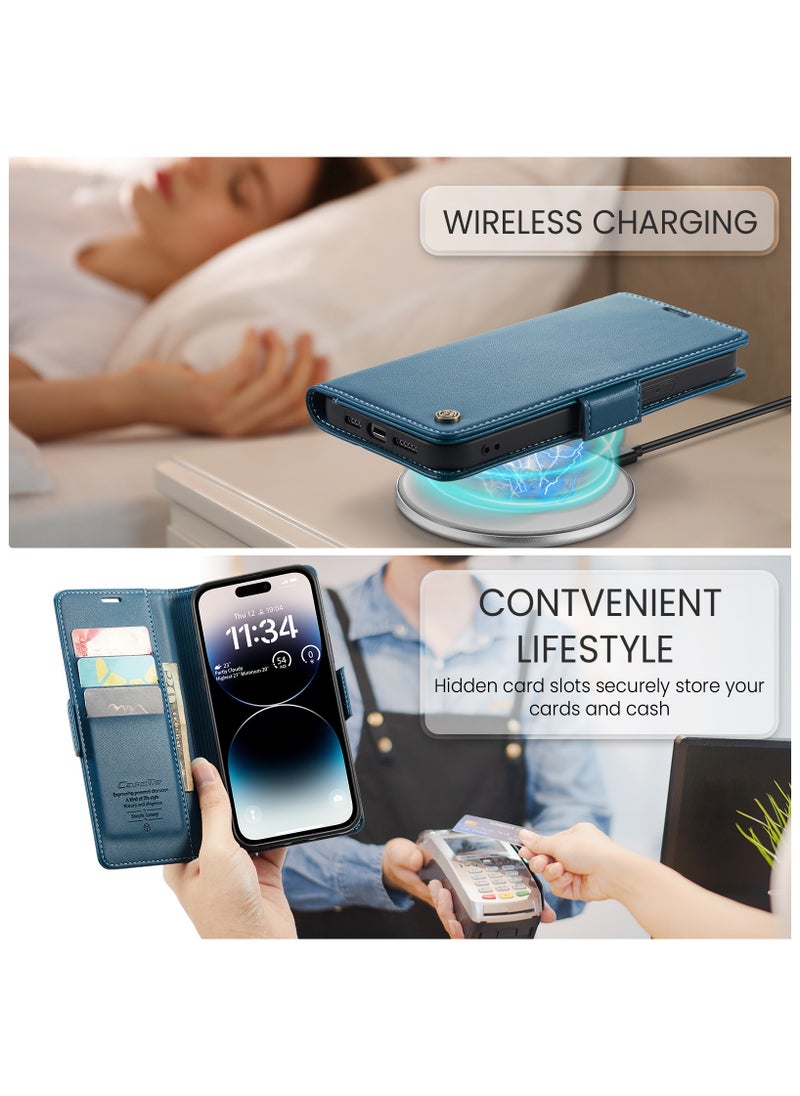 Generic - Phone Case for Apple iPhone 14 Pro Max Anti-scratch Leather Kickstand Card Slot Money Pocket Blue - Image 1
