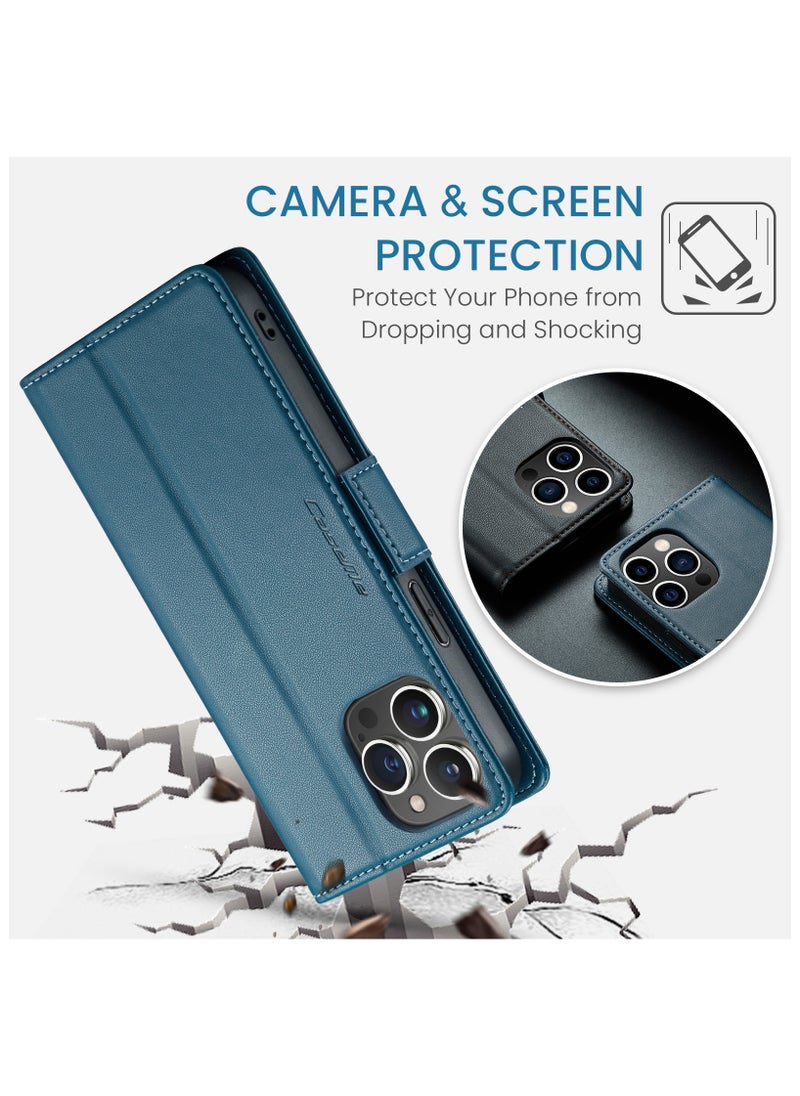 Generic - Phone Case for Apple iPhone 14 Pro Max Anti-scratch Leather Kickstand Card Slot Money Pocket Blue - Image 1