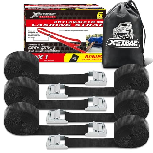 XSTRAP STANDARD Cam Buckle Straps 6PK 8FT Powersports Tie-Downs 1-Inch Black Lashing Straps with Carry Bag, for Securing Cargo, Luggage, Motorcycles, Kayak - Image 1