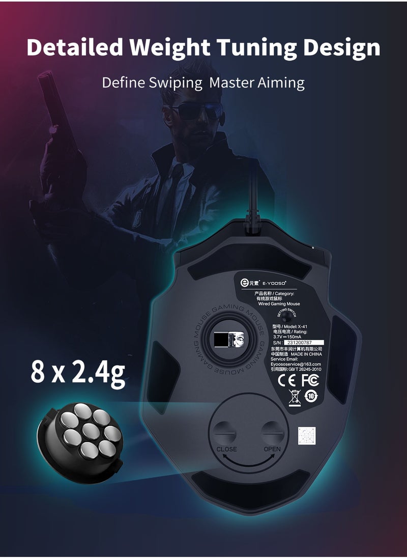 X-41 Wired Large Gaming Mouse, Big Gamer Mouse with Rapid Fire Button, 5 Side Buttons, 12400 DPI, 5 Backlit Modes, 11 Programmable Macro Shortcuts, Adjustable Weights, Comfort Grip for Window