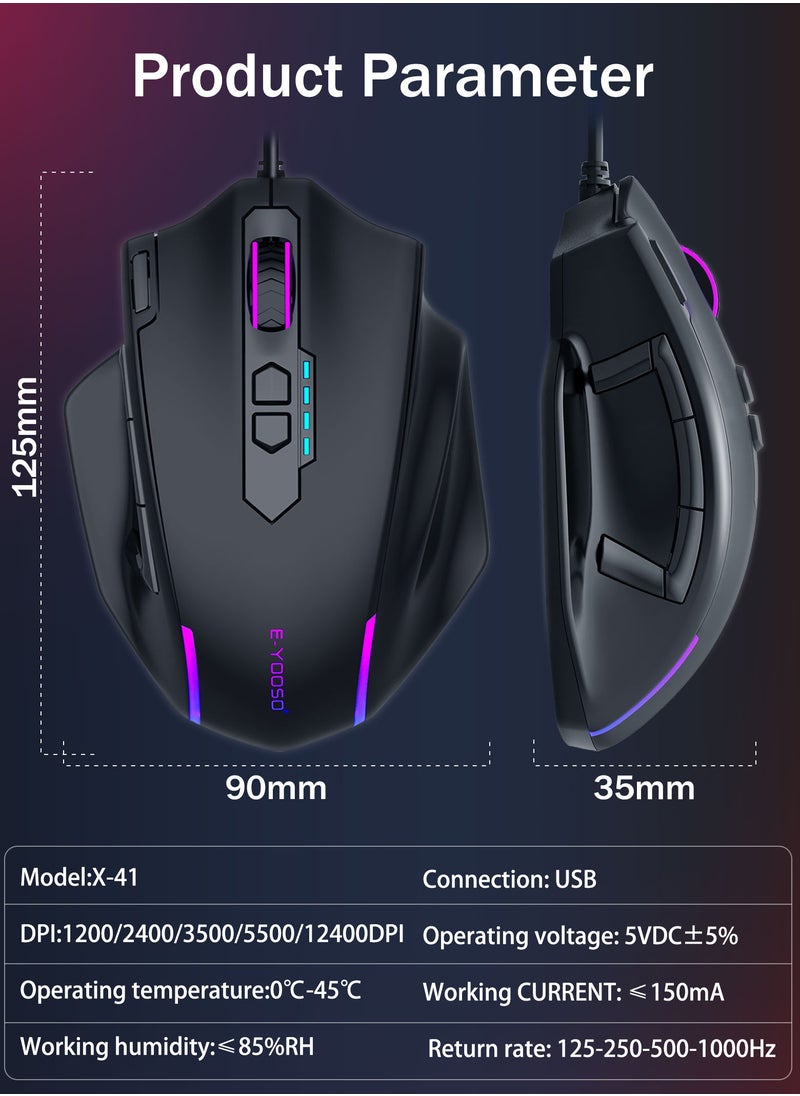 X-41 Wired Large Gaming Mouse, Big Gamer Mouse with Rapid Fire Button, 5 Side Buttons, 12400 DPI, 5 Backlit Modes, 11 Programmable Macro Shortcuts, Adjustable Weights, Comfort Grip for Window