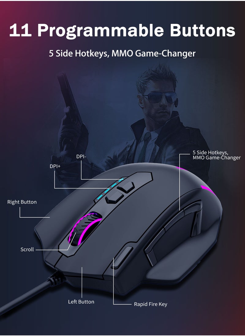X-41 Wired Large Gaming Mouse, Big Gamer Mouse with Rapid Fire Button, 5 Side Buttons, 12400 DPI, 5 Backlit Modes, 11 Programmable Macro Shortcuts, Adjustable Weights, Comfort Grip for Window