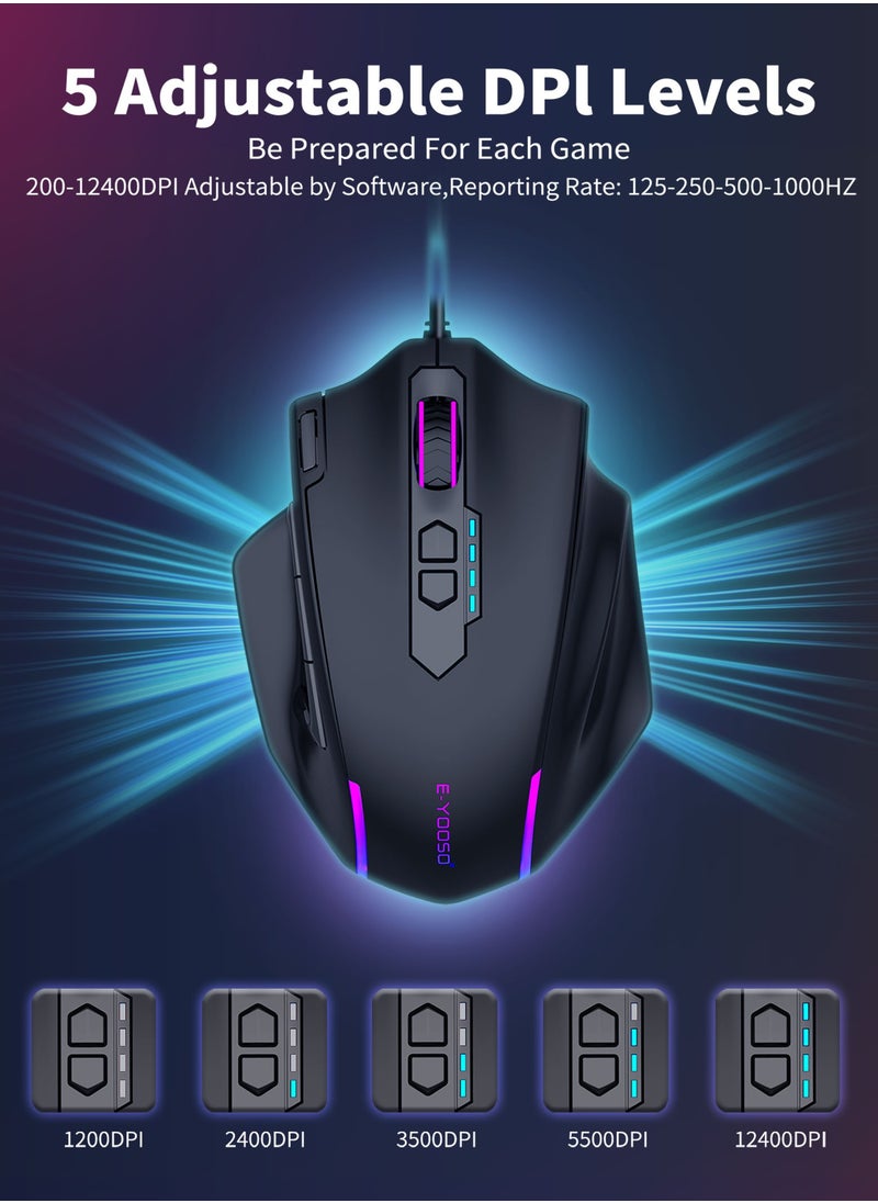 X-41 Wired Large Gaming Mouse, Big Gamer Mouse with Rapid Fire Button, 5 Side Buttons, 12400 DPI, 5 Backlit Modes, 11 Programmable Macro Shortcuts, Adjustable Weights, Comfort Grip for Window