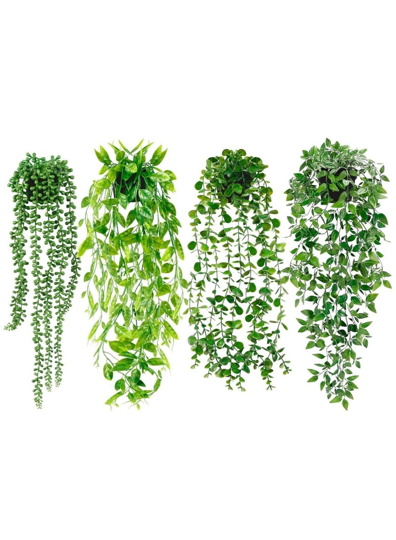 Coolchic Fake Hanging Plants 4 Pack Artificial Hanging Plants Fake Potted Plants, Hanging Eucalyptus, Peals, Mandala, Pea Pod for Wall Shelf Decor Patio Garden Indoor Outdoor - Image 1