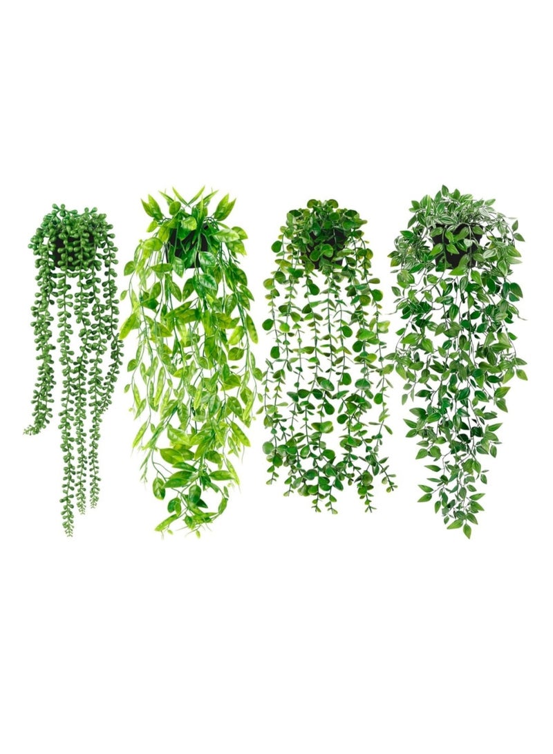 كوول تشيك مجموعة من 4 نباتات صناعية معلقة، نباتات صناعية معلقة في أصص، أوكالبتوس معلق، وقشور، وماندالا، وبذور بازلاء، لتزيين رفوف الحائط، والحديقة، والداخلية، والخارجية - Image 1