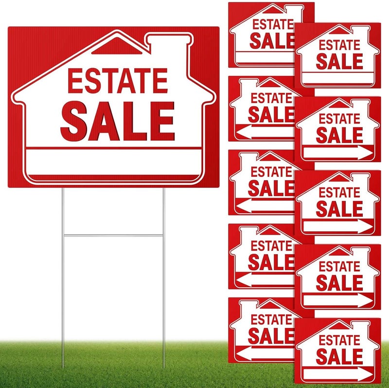 Kuco [10 Pack] Estate Sale Signs Set,18 x 14 Inch Estate Sale Yard Signs with Double Sided, Estate Sale Arrows Signs with Metal H Stakes,Property Sale Directional Arrows Signs,WEATHER-PROOF - Image 1