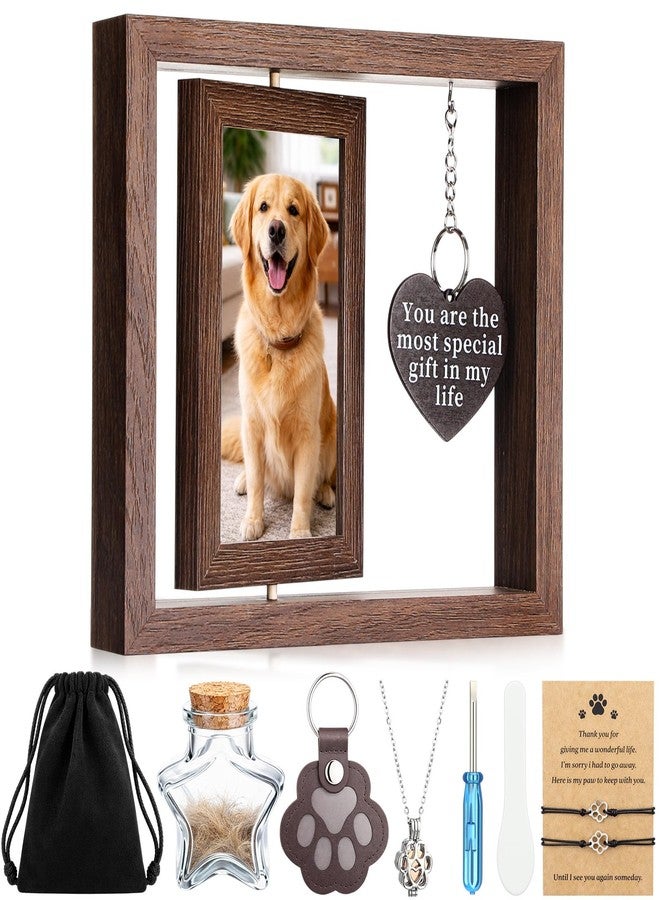 Novabright Pet Memorial Gift Set Wooden Pet Remembrance Keepsake 4 x 6 Picture Frame, Paw Print Bracelet, Ashes Necklace, Glass Hair Jar, Hair Keychain Sympathy Gift for Loss of Cat Dog Lovers - Image 1