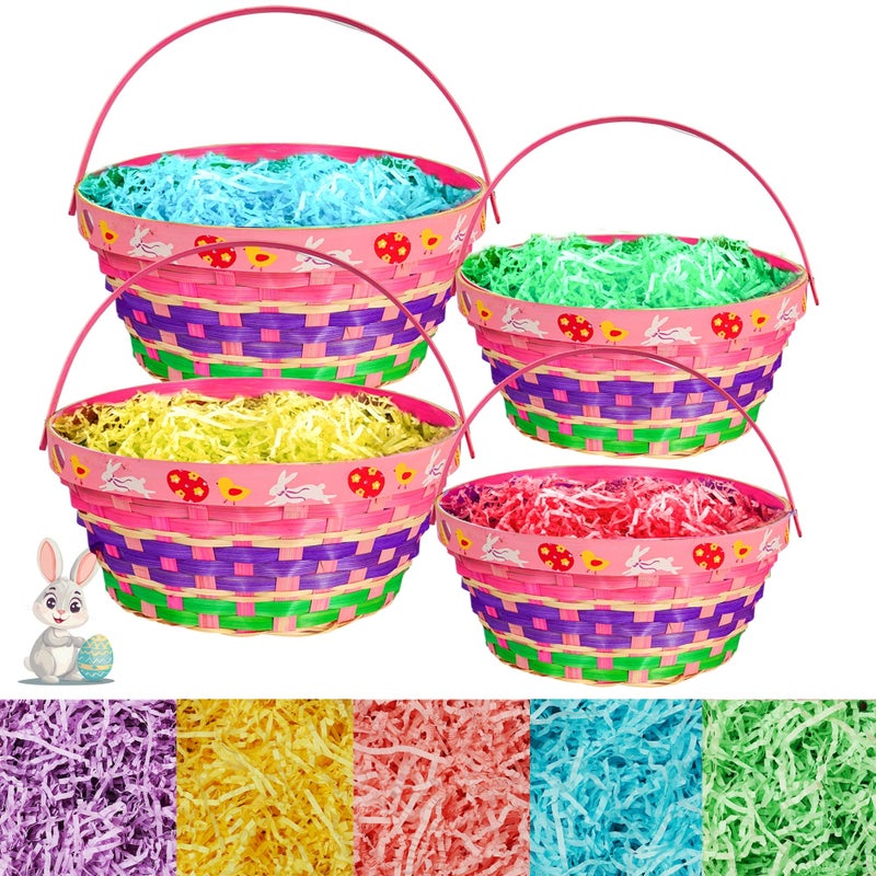 Uptotop Easter Basket with Handle, 4Pcs Woven Bamboo Easter Egg Baskets with 5 Colors Crinkle Cut Paper Filler, Perfect for Easter Egg Hunting, Decorations, Party Favors and Gift Giving - Image 1
