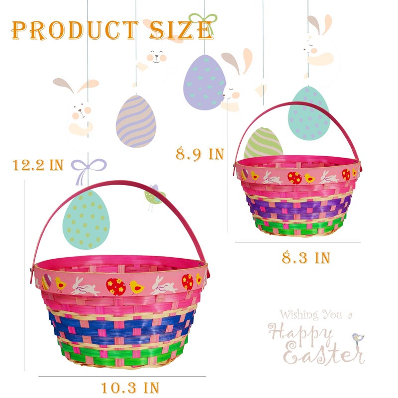 Uptotop Easter Basket with Handle, 4Pcs Woven Bamboo Easter Egg Baskets with 5 Colors Crinkle Cut Paper Filler, Perfect for Easter Egg Hunting, Decorations, Party Favors and Gift Giving - Image 2