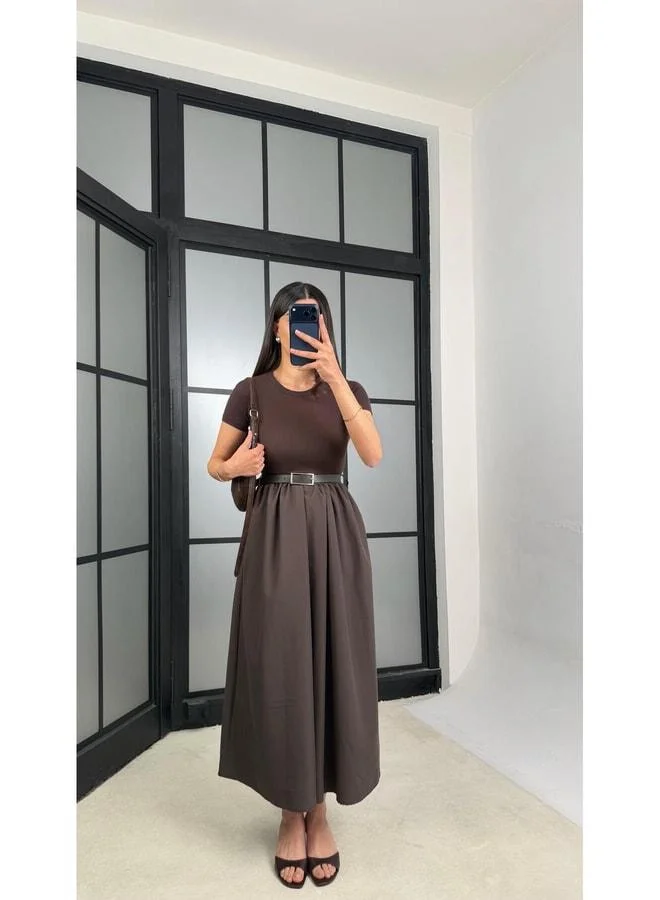 Gaus Dark Coffee Short Sleeve Elastic Belted Dress GAUS-01246.