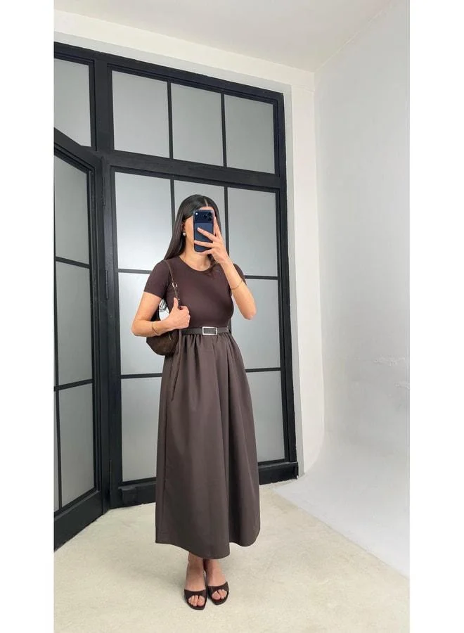 Gaus Dark Coffee Short Sleeve Elastic Belted Dress GAUS-01246.