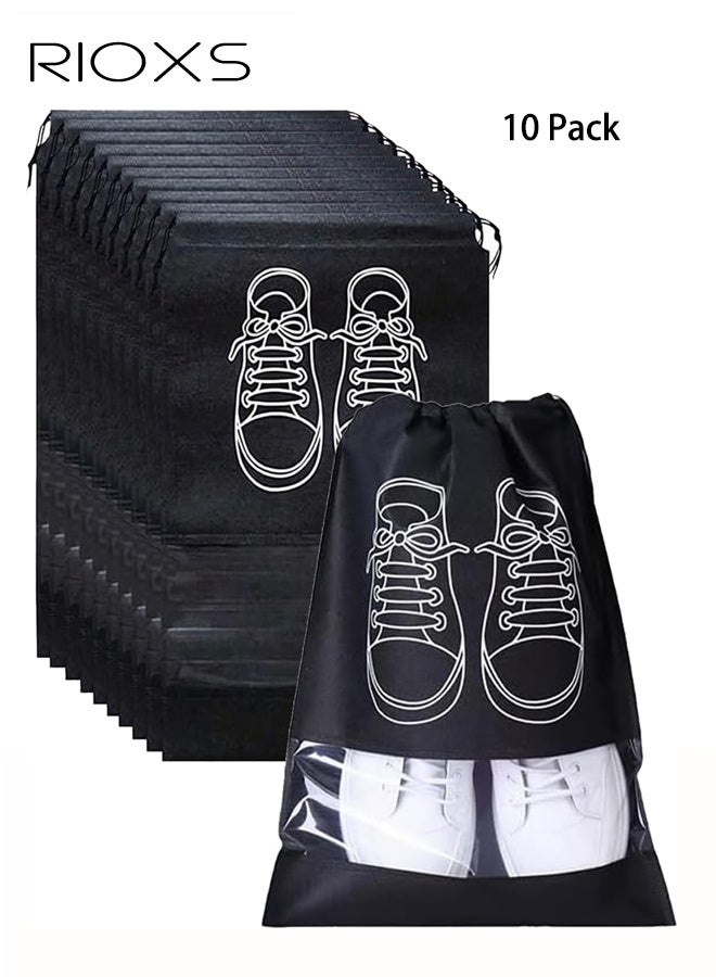 RIOXS 10 PCS Travel Shoe Bags, Shoe Organizer Pouch Storage with Dual Drawstring Closure and Clear Window, Dust-proof Non-Woven String Bags for Travel Trip Carrying Packing, Black - Image 1