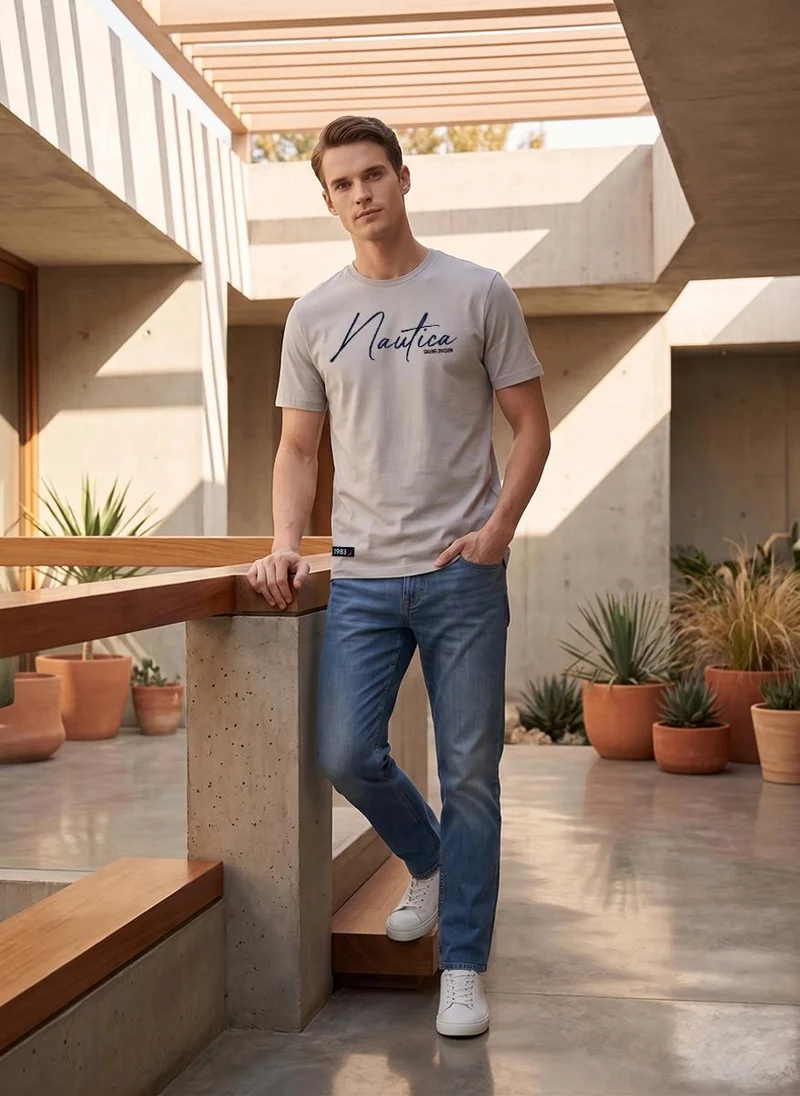 Nautica  Men Regular Fit Short Sleeve Embroidered T-Shirt for Everyday Casual Wear-Grey for Men | Best Price UAE