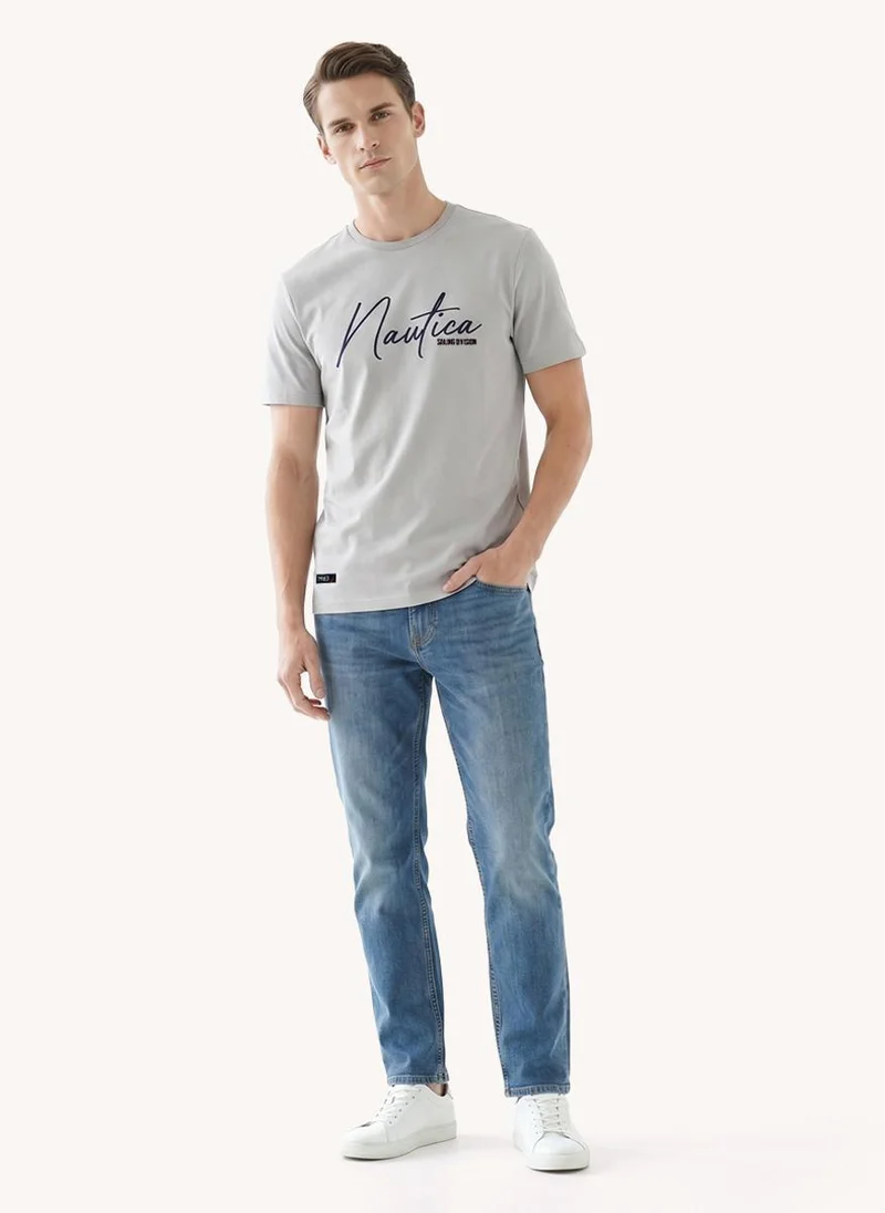 Nautica  Men Regular Fit Short Sleeve Embroidered T-Shirt for Everyday Casual Wear-Grey for Men | Best Price UAE