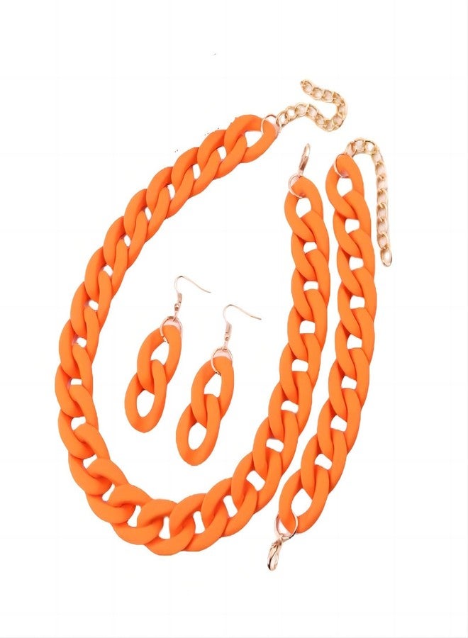 Macaron Necklace Bracelet Earrings Set for Women Multicolor Chunky Oval Link Punk Hip HopChain Necklace Rainbow Surfer Beach Bracelets Exaggerated 7080S Party Accessories Summer Jewelry-Orange