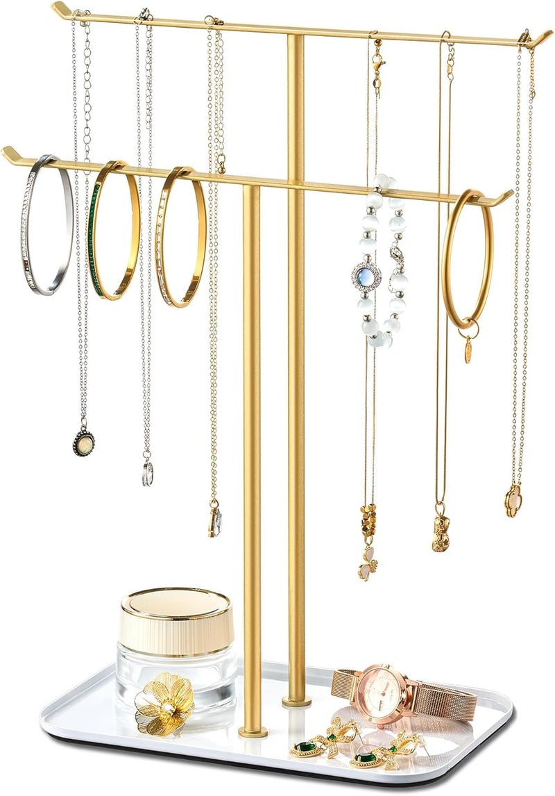 pickpiff Necklace Holder Jewelry Organizer Stand – 2‑Tier T‑Bar Jewelry Display Tree with Tray for Countertop Necklace Bracelet Earring Storage, Vanity Dresser Bathroom Sink, Gold - Image 1