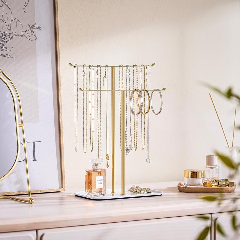 pickpiff Necklace Holder Jewelry Organizer Stand – 2‑Tier T‑Bar Jewelry Display Tree with Tray for Countertop Necklace Bracelet Earring Storage, Vanity Dresser Bathroom Sink, Gold - Image 2