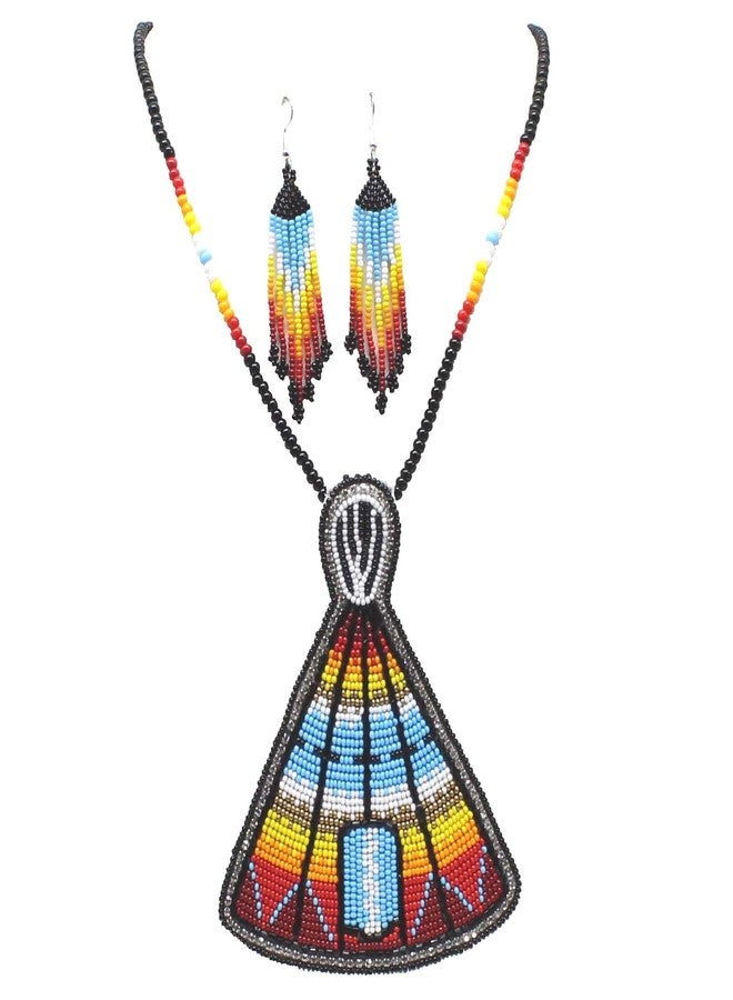 BeadsCorner Handmade Beaded Tepee Necklace and Earrings Set, 17 Inch Drop, Multicolor with Czech Beads (Black Blue Fire) - Image 1