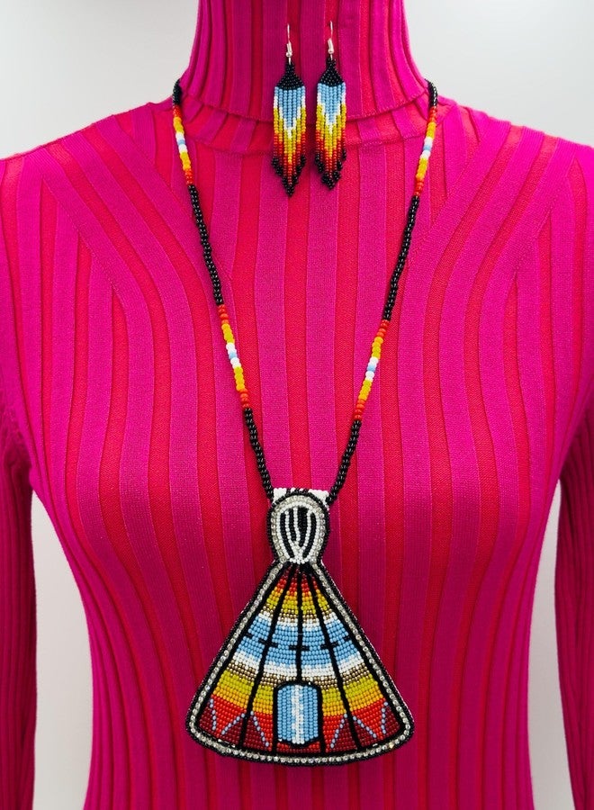 BeadsCorner Handmade Beaded Tepee Necklace and Earrings Set, 17 Inch Drop, Multicolor with Czech Beads (Black Blue Fire) - Image 4
