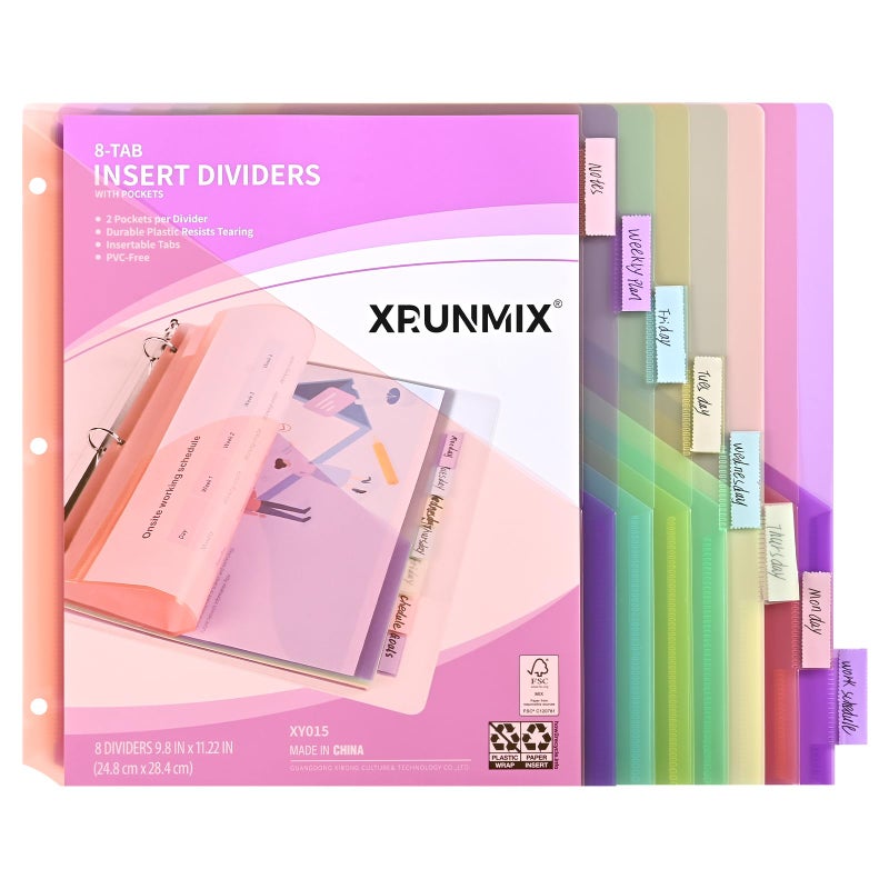 XRUNMIX 8-Tab Binder Dividers, Index Pockets for 3 Ring Binders, 8 Pastel Colors, US Letter Size (1) - Image 1