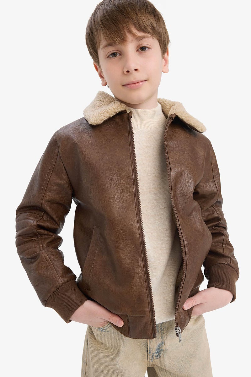 ديفاكتو جاكيت جلد صناعي اولادي بياقة بولو من القطيفة - Image 5