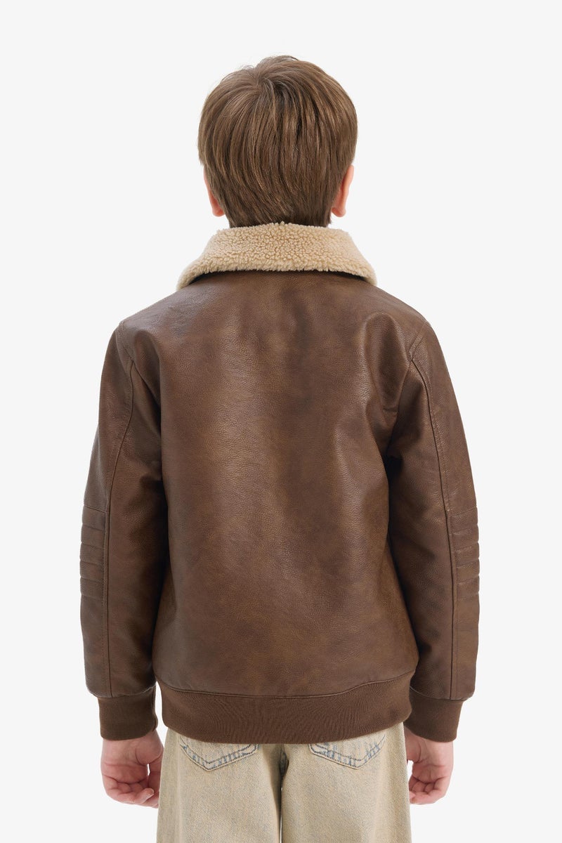 DeFacto Brown Boy Boy Polo Collar Plush Faux Leather Jacket Casual - Image 5