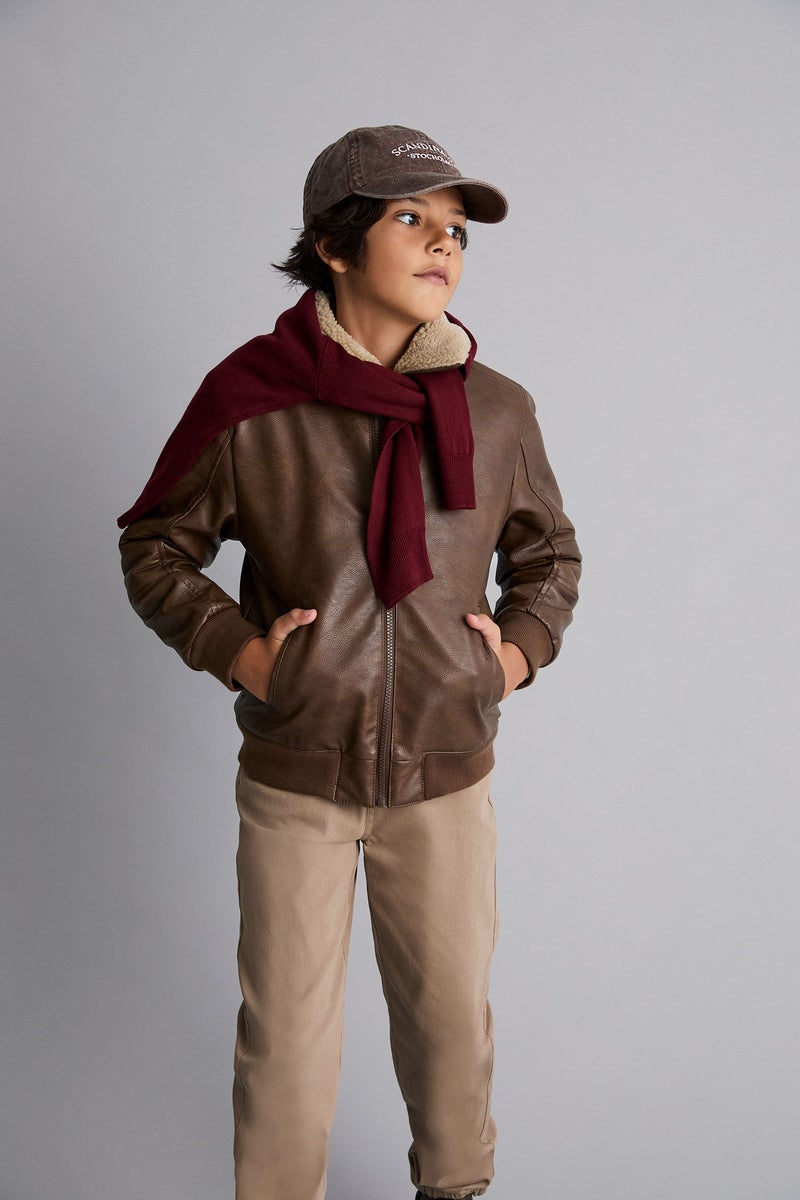 DeFacto Brown Boy Boy Polo Collar Plush Faux Leather Jacket Casual - Image 3