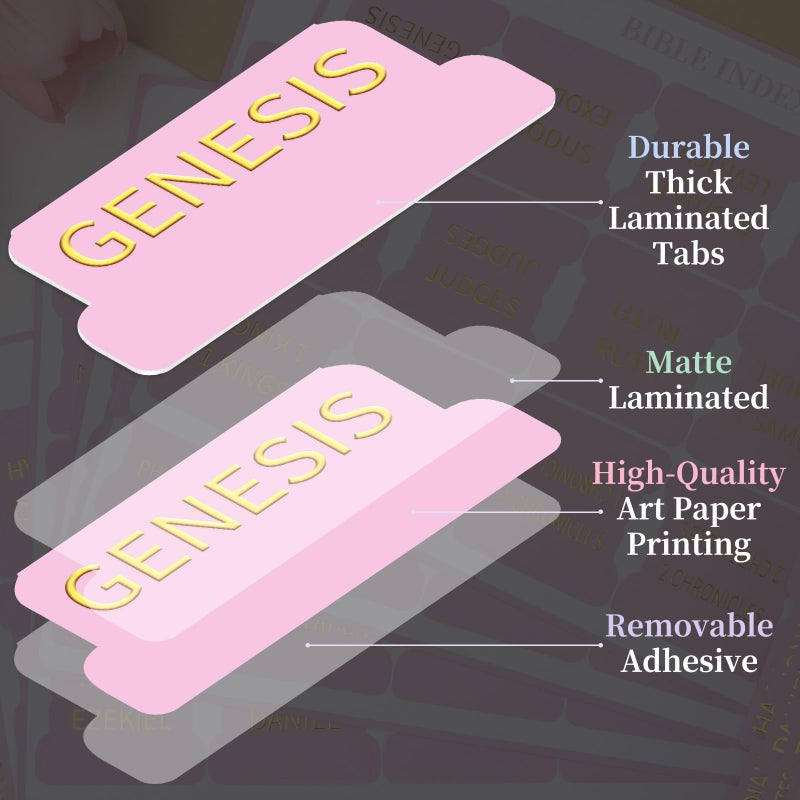 JIXZEN Laminated Bible Tabs for Women, 75 Embossed Gold Foil Large Print Index Tabs, Perfect for Bible Study, Chapter Organization & Easy Navigation (Pink) - Image 2