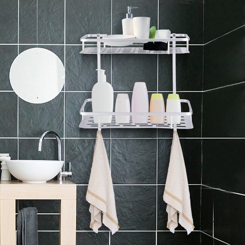 Double Layers Aluminum Wall Mounted Storage Shelf Rack with 2 Hanging Hooks Bathroom - Image 5