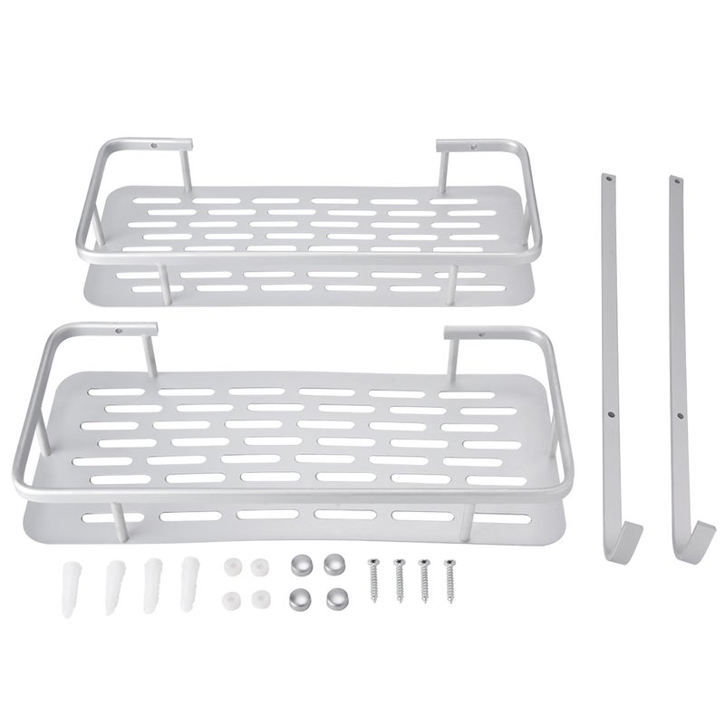 Double Layers Aluminum Wall Mounted Storage Shelf Rack with 2 Hanging Hooks Bathroom - Image 4