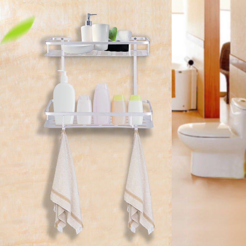 Double Layers Aluminum Wall Mounted Storage Shelf Rack with 2 Hanging Hooks Bathroom - Image 2