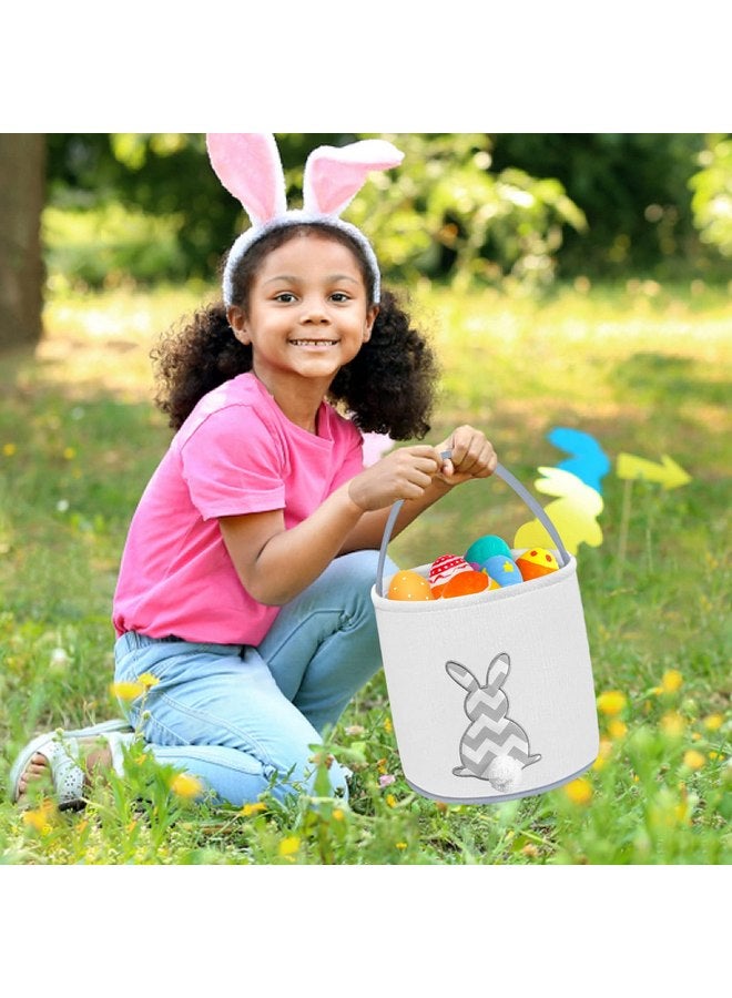 Cerlaza Easter Bunny Basket Bags for Kids, Easter Gift Bags Canvas Cotton Carrying Eggs Hunt Bag, Kids Bunny with Fluffy Tails Tote Bag for Easter Decorations-Grey - Image 3