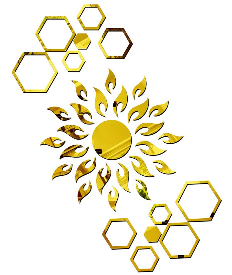 Bikri Kendra Bikri Kendra Ind Sun with 12 Hexagon Rings Golden Mirror Stickers for Wall Acrylic Sticker for Wall