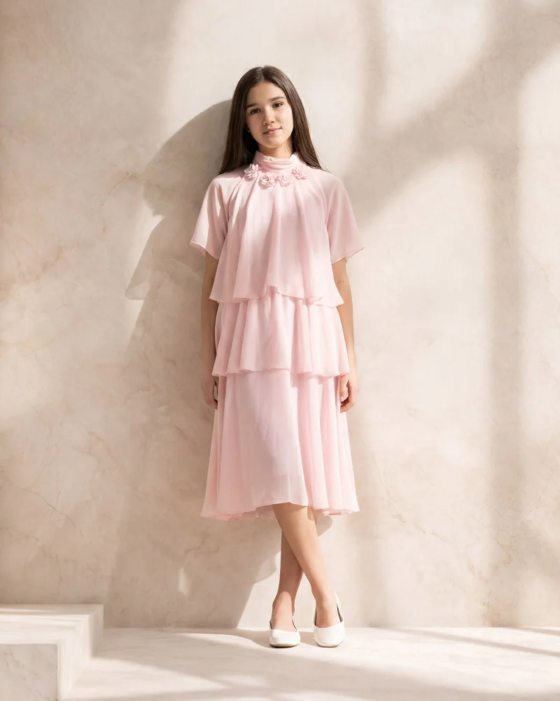 Redtag Senior Girls Mauve Layered Dress With Embroidery