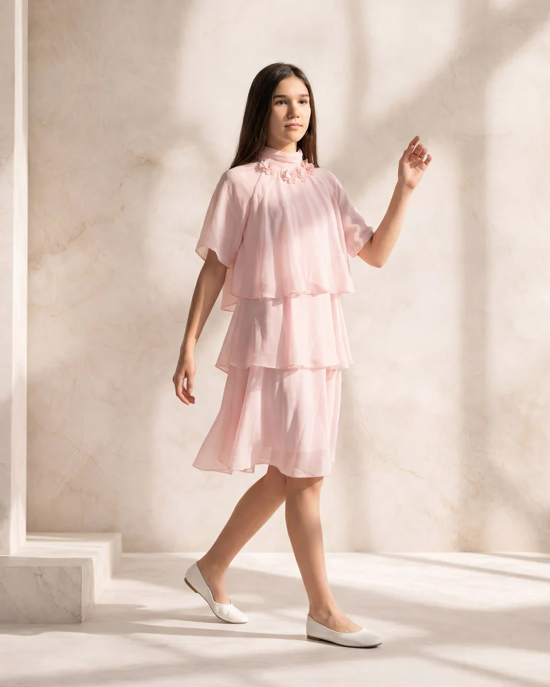 Redtag Senior Girls Mauve Layered Dress With Embroidery