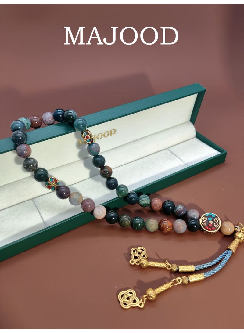 موجود MAJOOD/33 حبات صلاة/مسبحة من العقيق الهندي الحقيقي متعدد الألوان/10 مم/للرجال والنساء - Image 1