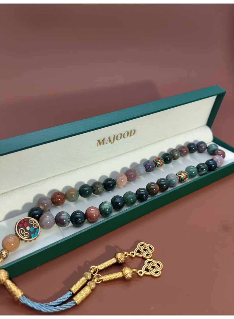 موجود MAJOOD/33 حبات صلاة/مسبحة من العقيق الهندي الحقيقي متعدد الألوان/10 مم/للرجال والنساء - Image 4