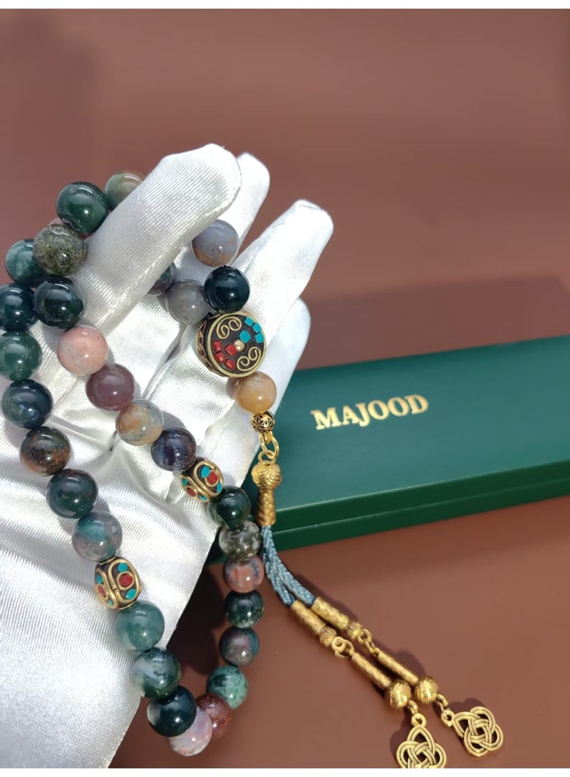 موجود MAJOOD/33 حبات صلاة/مسبحة من العقيق الهندي الحقيقي متعدد الألوان/10 مم/للرجال والنساء - Image 5
