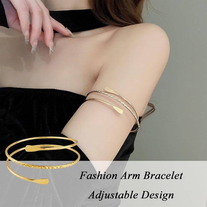 SQUISHCO 4Pcs Arm Cuff Jewellery for Women, Gold Arm Cuff Upper Arm Bracelet for Girls Women Gold Adjustable Coils Band Bracelet Punk Bangle Minimalist - Image 4