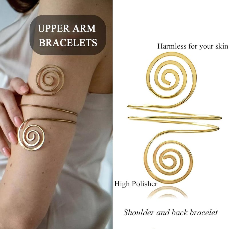 SQUISHCO 4Pcs Arm Cuff Jewellery for Women, Gold Arm Cuff Upper Arm Bracelet for Girls Women Gold Adjustable Coils Band Bracelet Punk Bangle Minimalist - Image 3